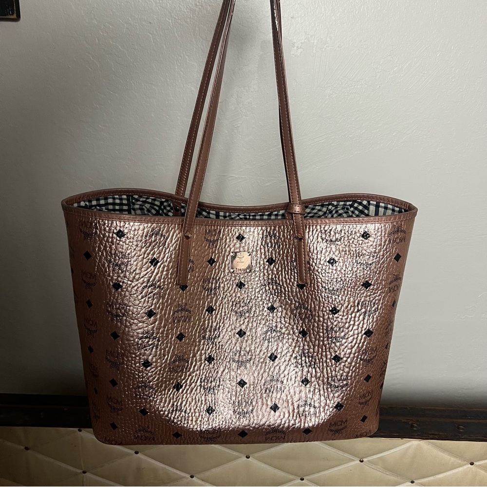 MCM Metallic Rose Gold Logo-Print Leather Tote with Black Accents